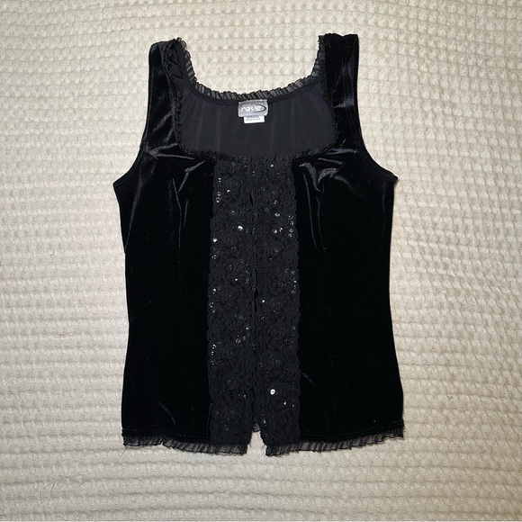 SOLD 90s Goth Rave Velvet Sequin Hook Eye Corset Lace Short Sleeve Corset Top - Picture 2 of 8